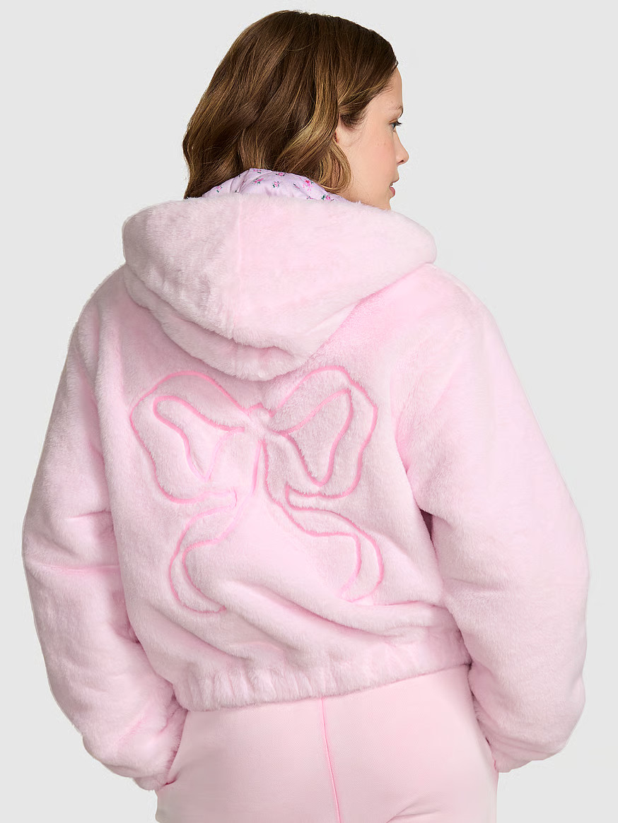 Buy PINK x LoveShackFancy Faux-Fur Cropped Bomber Jacket, Pink Tulip - Order Jackets & Outerwear ... | Victoria's Secret (US / CA )