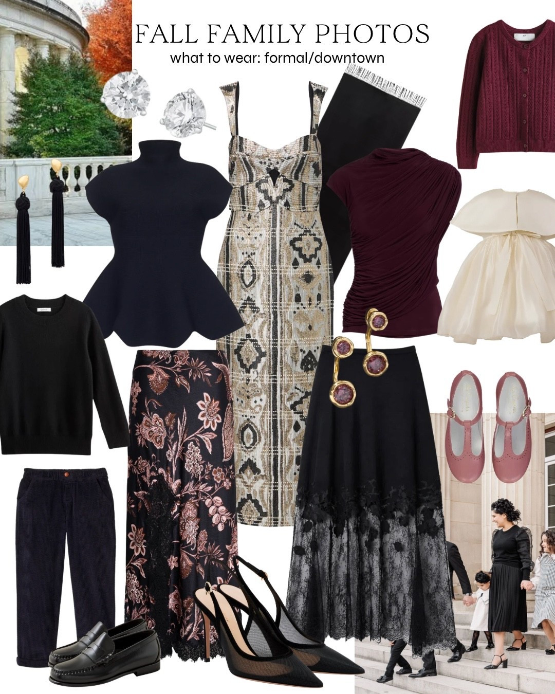 Fall family photos for a formal or city setting! Linked styles for mom and coordinating pieces for the family. You could incorporate velvet here if it’s closer to November, and I’d put dad
In a suit or black/navy sweater with slacks or dark/black jeans.

#LTKmomlife #LTKKids #LTKSeasonal