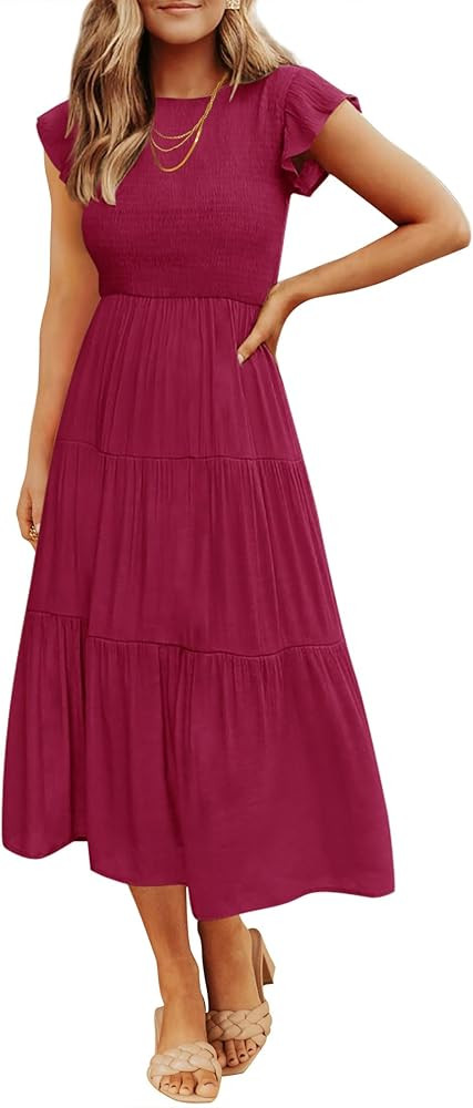 ZESICA Women's Summer Casual Flutter Short Sleeve Crew Neck Smocked Elastic Waist Tiered Midi Dre... | Amazon (US)