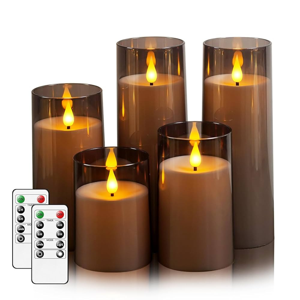Fo32won Grey LED Flameless Pillar Candles Battery Operated with Remote and Timer, Set of 5 (D 3"... | Amazon (US)
