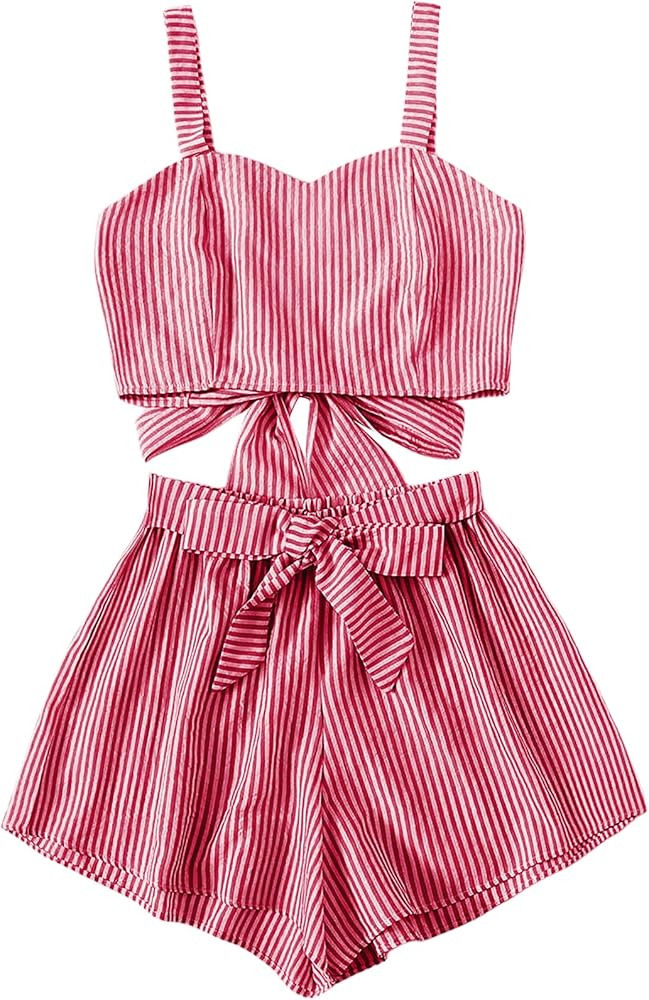 SweatyRocks Women's 2 Piece Outfits Summer Sleeveless Tie Back Crop Cami Top and Shorts Set | Amazon (US)