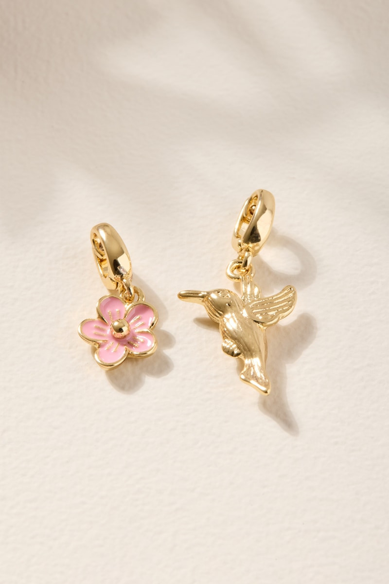 Humming Bird and Flower Charm Set Gold | Francesca's