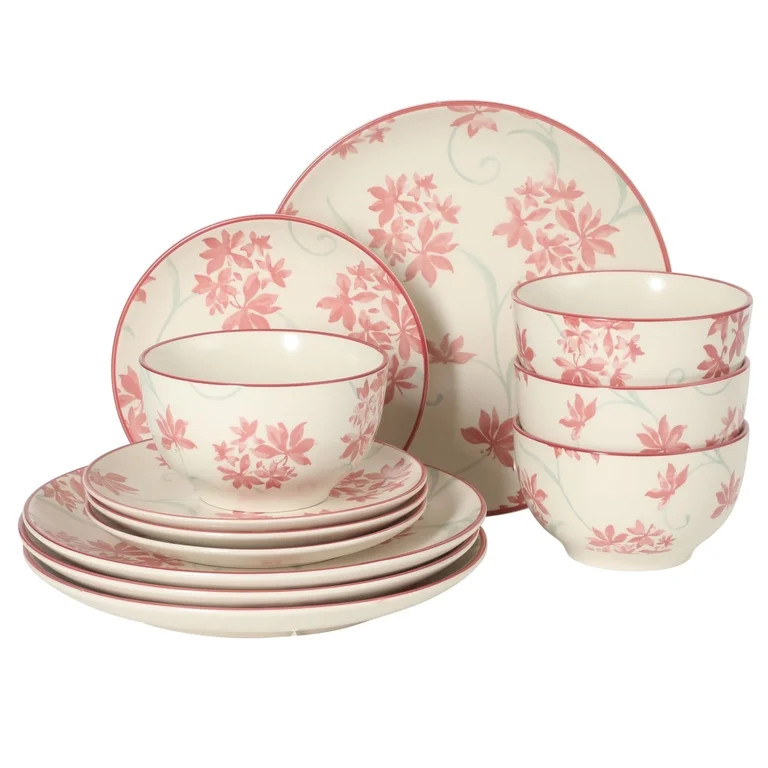 Gibson Home Admiral Hall 12-Piece Stoneware Dinnerware Set, Pink Floral Plates and Bowls, Microwa... | Walmart (US)