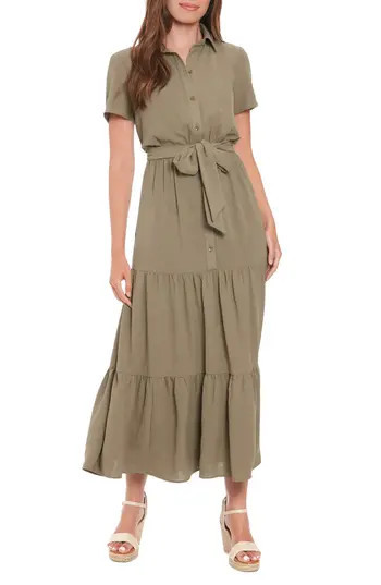 London Times Short Sleeve Tiered Shirtdress in Olive at Nordstrom Rack, Size Small | Nordstrom Rack