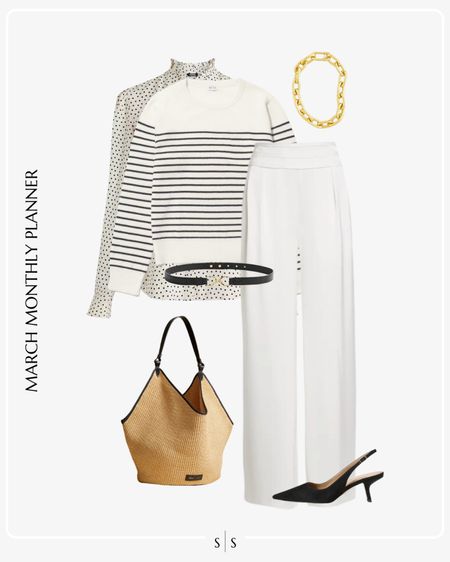 Monthly outfit planner: MARCH: Winter to Spring transitional looks | white trousers, striped sweater, polka dot blouse, straw tote, sling back heels, gold jewelry

Workwear, office attire, dressy, chic 

See the entire calendar on thesarahstories.com ✨ 


#LTKstyletip #LTKworkwear