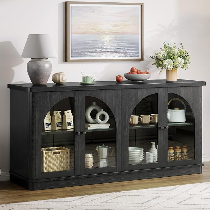 63 Inch Sideboard Buffet Cabinet with Glass Doors and 4 Doors Black | Amazon (US)