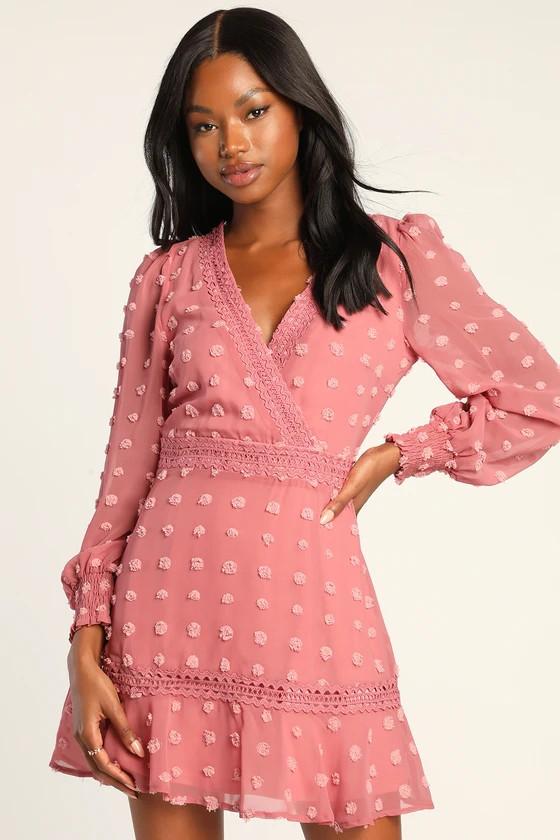 Might Be Magic Mauve Clip Dot Long Sleeve Mini Dress | Lulus (US)