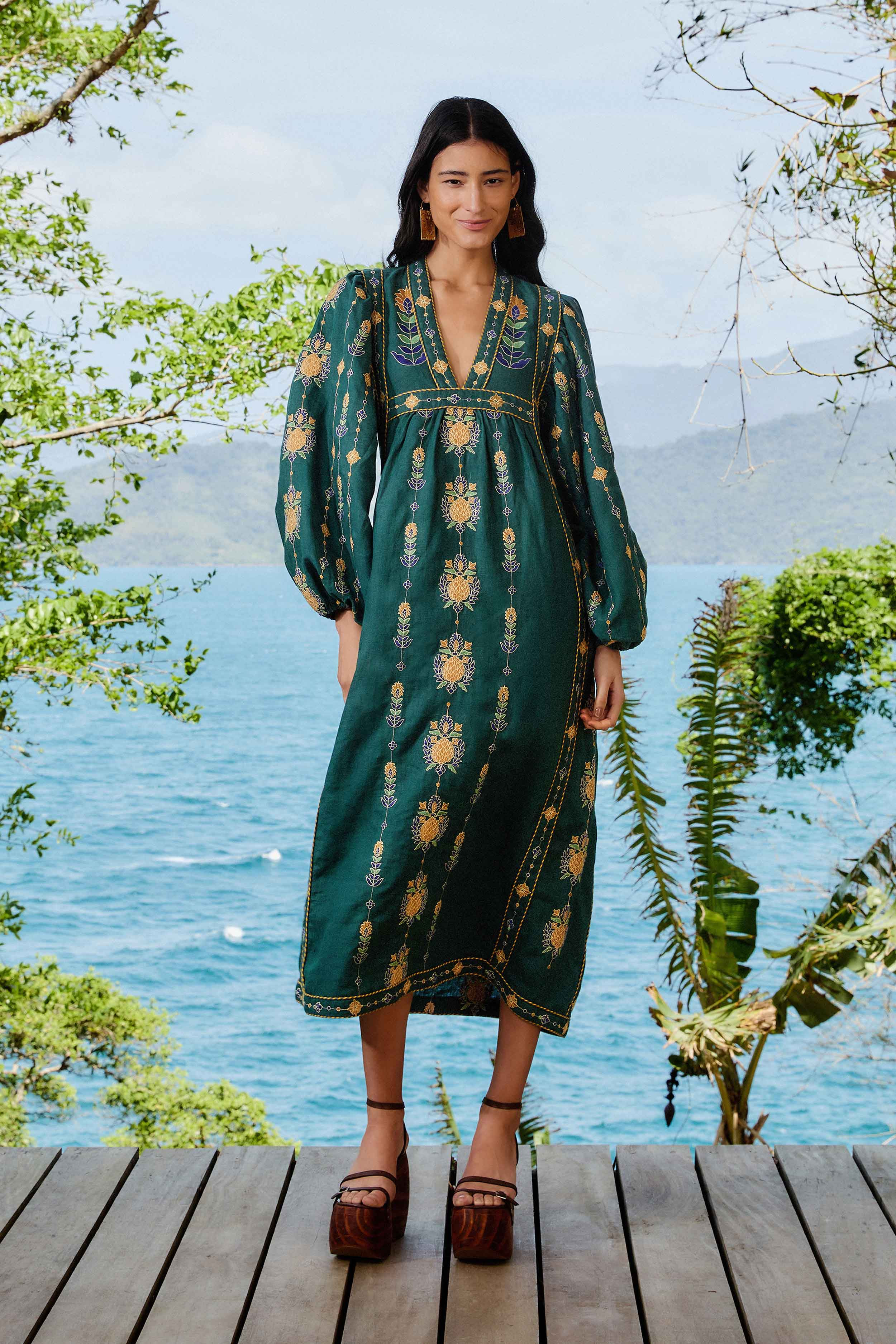 Green Pineapple Embroidered Euroflax™ Premium Linen Tunic Maxi Dress | FarmRio (US)