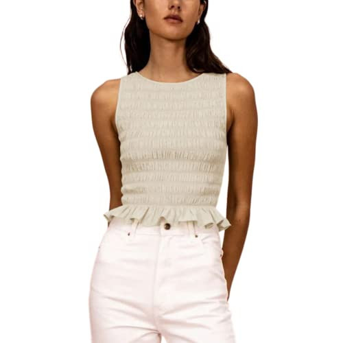Women Shirred Tank Top Ruffle Sleeveless Tanks Frill Smocked Halter Cami Tops Summer Streetwear, Apricot, Small | Amazon (US)