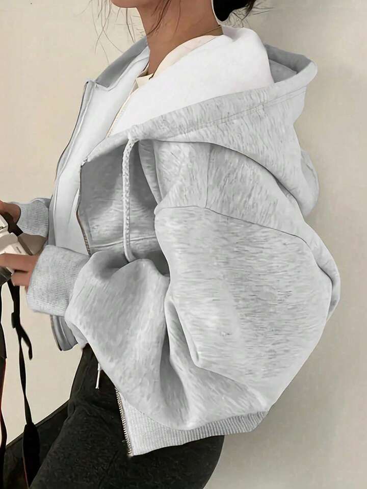 Women's Solid Color Fleece Hooded Sweatshirt With Drawstring | SHEIN