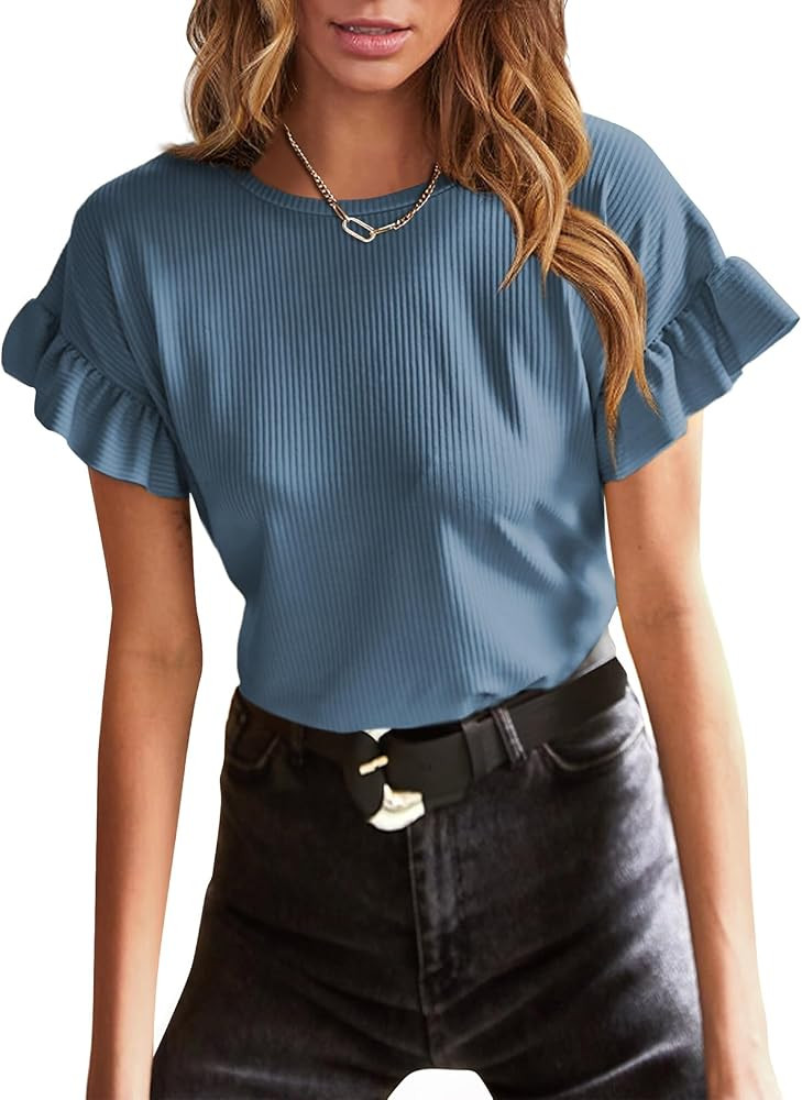 EVALESS Womens Short Sleeve Casual Basic T Shirts Summer Ruffle Plain Round Neck Knit Loose Fit T... | Amazon (US)