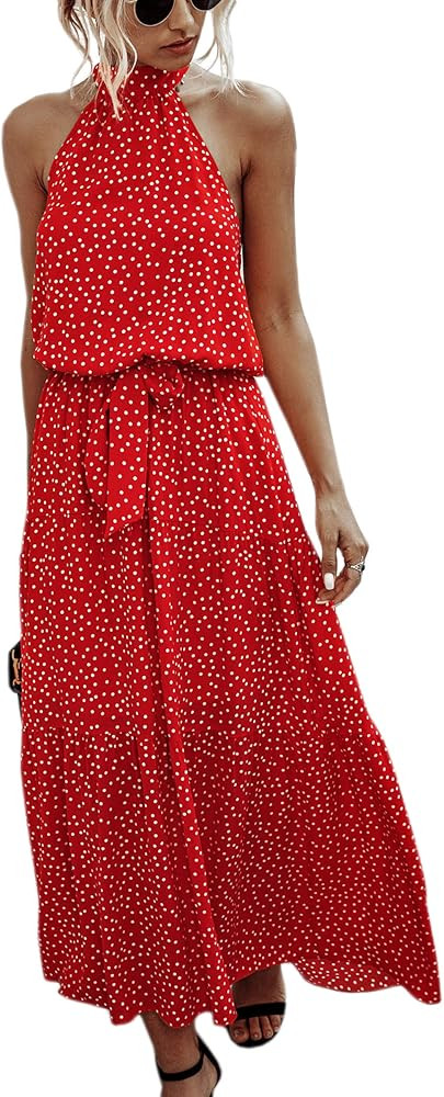 ECOWISH Women Dress Halter Neck Boho Floral Print Sleeveless Casual Backless Maxi Dresses with Be... | Amazon (US)