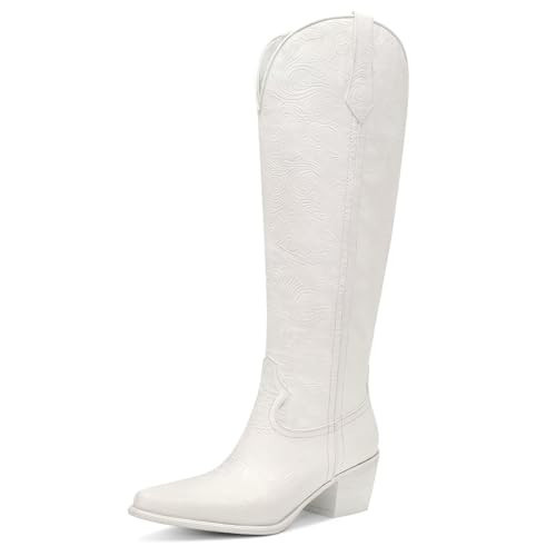 GPXGPX Womens Cowboy Boots Pointed Toe White Cowgirl Boots Embossed,Comfortable Chunky Heel Pull on Knee High Western Boots 8.5 | Amazon (US)