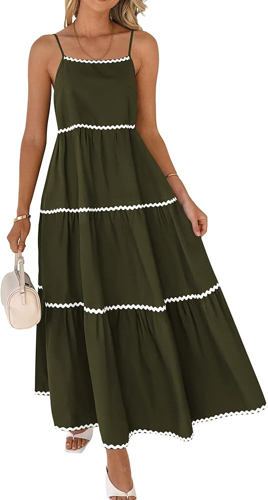BTFBM Boho Summer Dresses 2025 Spaghetti Strap Backless Sundress RIC Rac Trim Tiered A-Line Long ... | Amazon (US)
