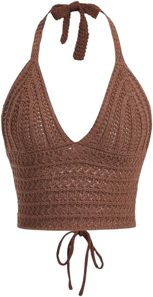 Women Lace Up Backless Crochet Crop Halter Top Y2k Slim Fit Sleeveless V Neck Self Tie Back Knit ... | Amazon (US)