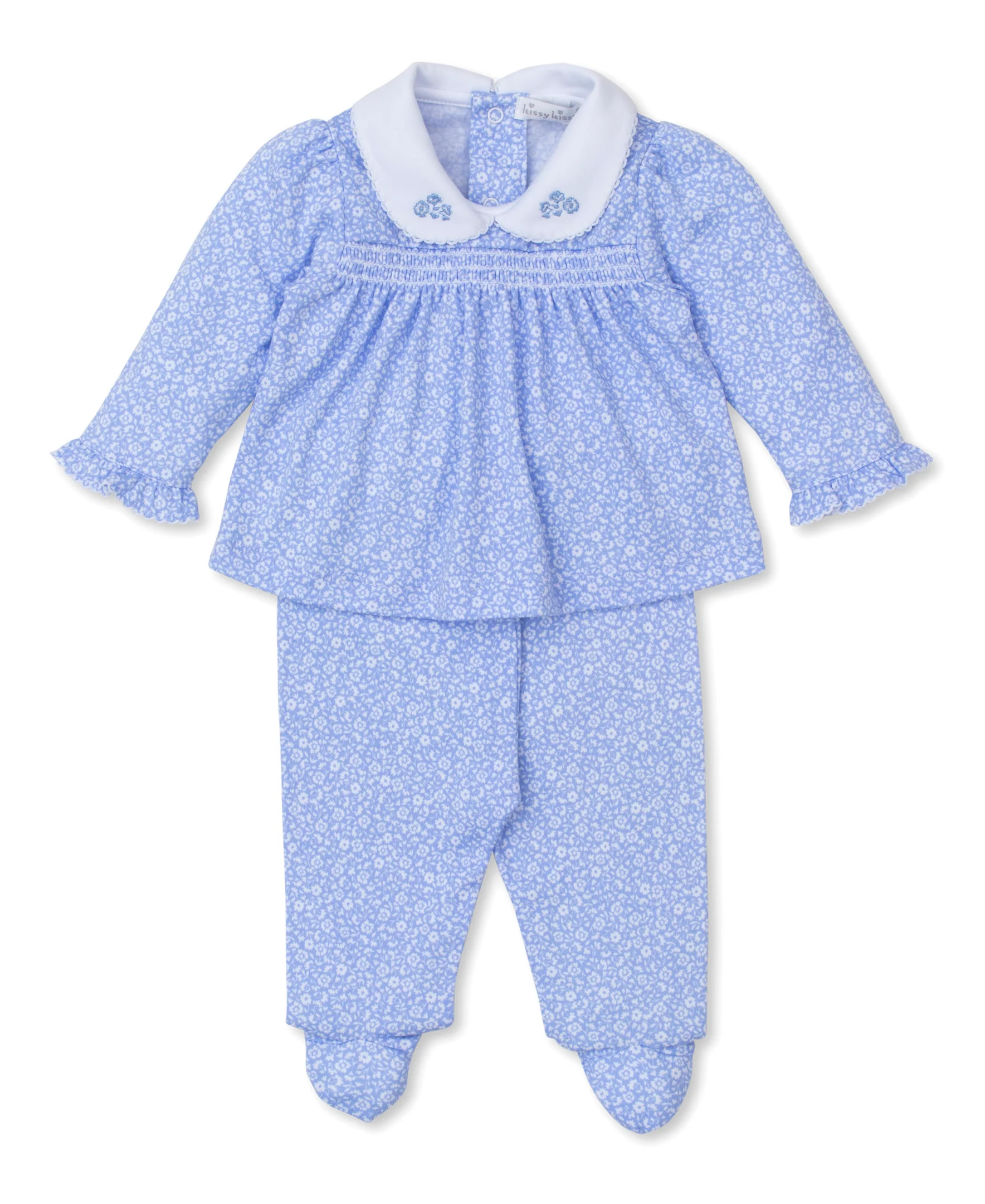 Fall Flower Patch Blue Smocked Footed Pant Set | Kissy Kissy