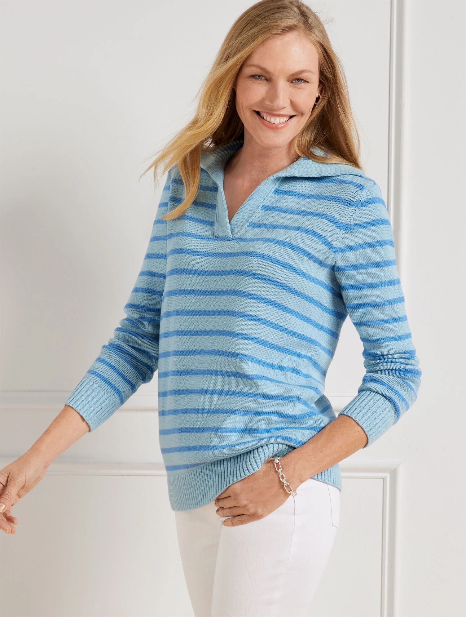 Brushed Cotton Johnny Collar Pullover - Simple Stripe | Talbots