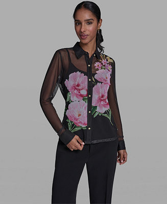 KARL LAGERFELD PARIS Women's Placed Floral Mesh Collared Shirt - Macy's | Macy's