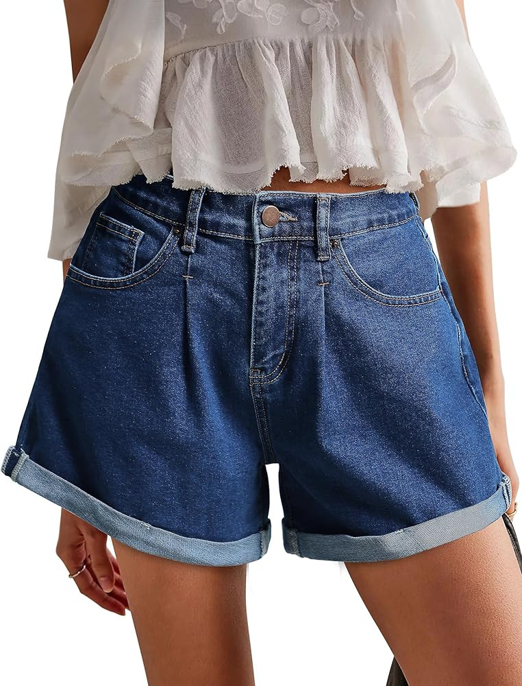 Womens Jean Shorts, Stretchy Denim Shorts with Pockets Elastic Waisted Relaxed Fit | Amazon (US)