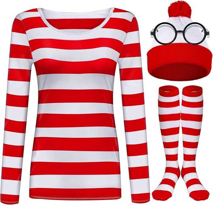 URATOT Adult Women Costume Sets Red and White Striped T-shirt Knit Beanies Striped Socks Nerd Gla... | Amazon (US)