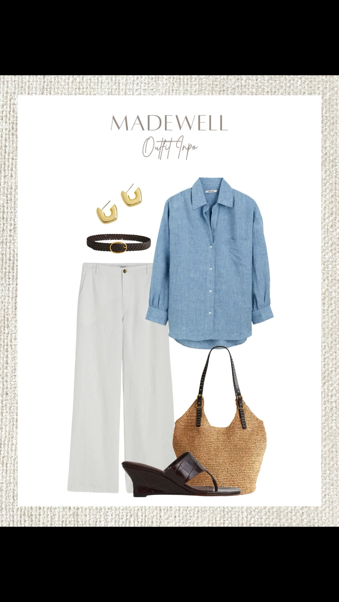 This chic, effortless look from Madewell is perfect for spring! Pair a light blue button-down with neutral trousers, wedges, and a woven bag for an easygoing, stylish vibe.

Spring Style, Madewell, Casual Chic, Spring Outfit, Button-Down Shirt, Woven Bag, Neutral Look, Wedges, LTKxMadewell Sale, Sale Alert



#LTKxMadewell #LTKStyleTip #LTKShoeCrush