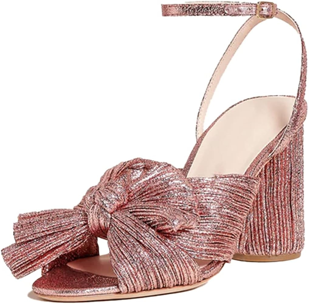 Amazon.com: Uacllcau Women's Heeled Sandals Bow Knot Open Toe Ankle Strap Chunky Heels Sandals Br... | Amazon (US)