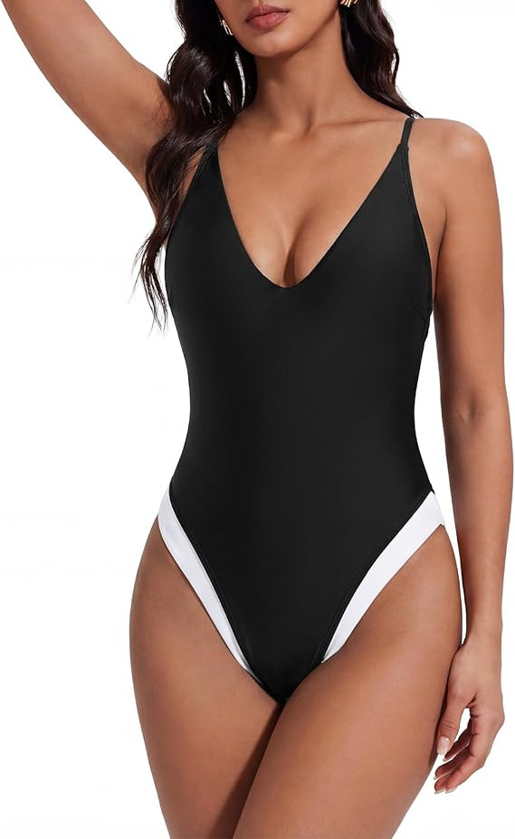 SUUKSESS Womens Tummy Control Bathing Suit V Neck Open Back One Piece Swimsuits | Amazon (US)