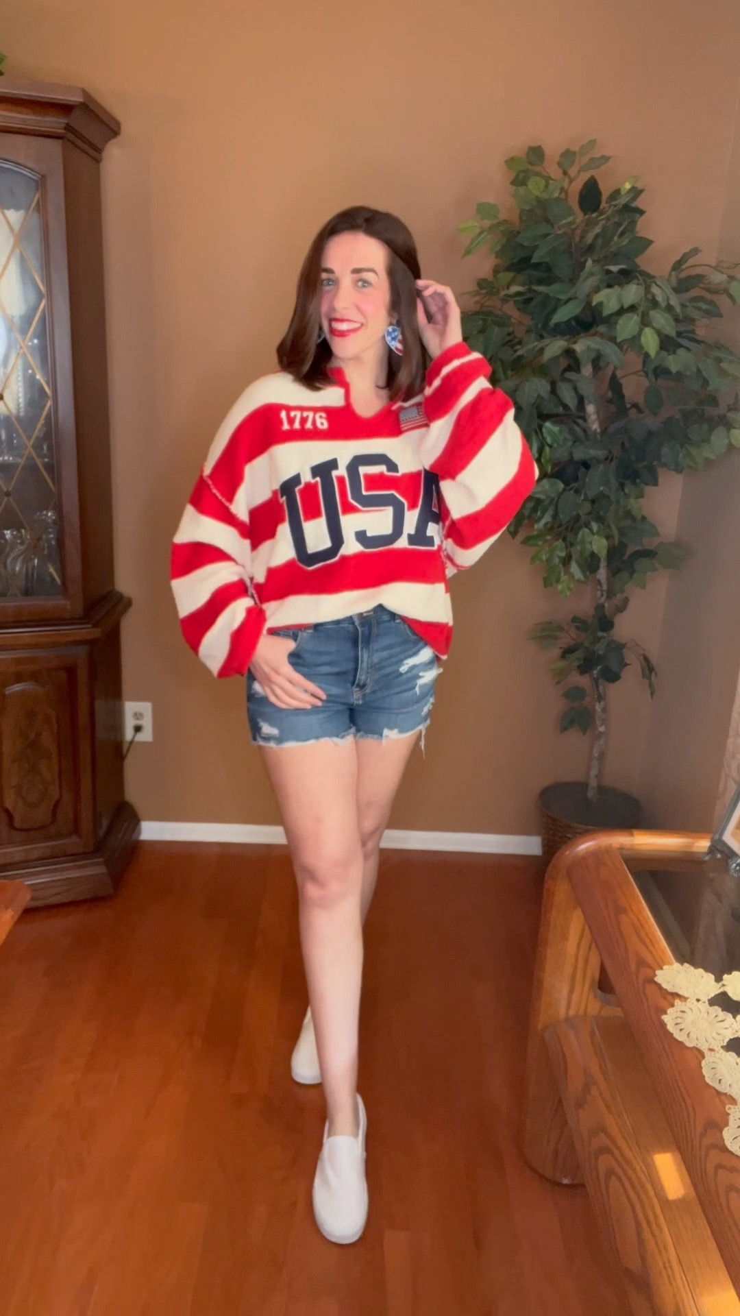 USA striped knit sweater (s/m). Ripped high waisted jean shorts (4). White slip on sneakers (8.5). #sweater #knitsweater #usasweater #stripedsweater #jeanshorts #shorts #highwaistedshorts #rippedshorts #sneakers #sliponsneakers #whitesneakers #fourthofjulyoutfit #fourthofjuly Fourth of July Outfit 

#LTKStyleTip #LTKSeasonal #LTKFindsUnder100