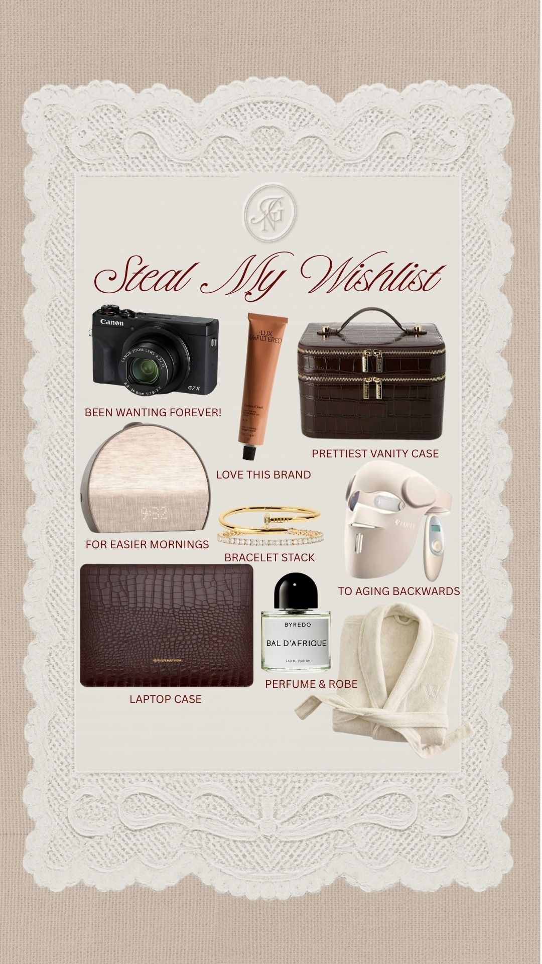 Steal My Christmas wishlist 🤎✨

#christmas #christmasgifts #gifting #giftsforher #giftguide #wishlist #redlightmask #canon #laptopcase #perfume #robe #jewelry 

#LTKFindsUnder100 #LTKHoliday #LTKGiftGuide