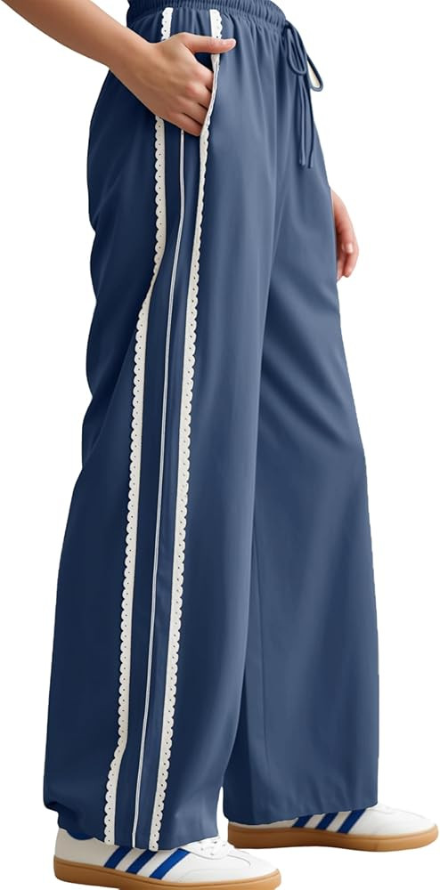 Yeokou Women's Wide Leg Sweatpants Side Stripe Crochet Slip on Drawstring Casual Running Track Pa... | Amazon (US)