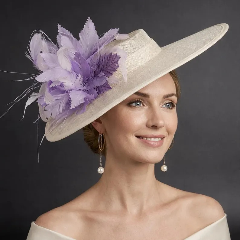Ivory Lilac Feather Flower Wide Brim Sinamay Fascinator Hat Ascot Royal Hat Wedding Kentucky Derb... | Etsy (US)