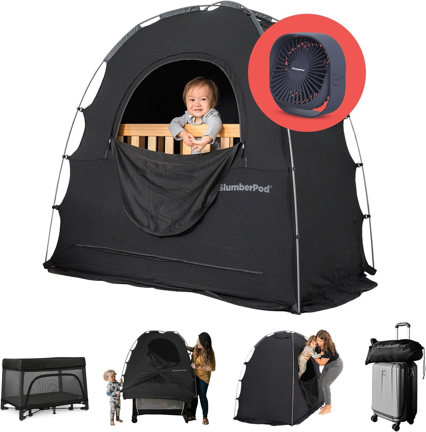 SlumberPod The Official Blackout Sleep Tent for Pack and Play, Mini Cribs and Travel Cribs, Blackout Canopy Crib Cover, Sleep Pod for Kids with Monitor Pouch and Fan Pouch (Includes Fan), Black/Grey | Amazon (US)