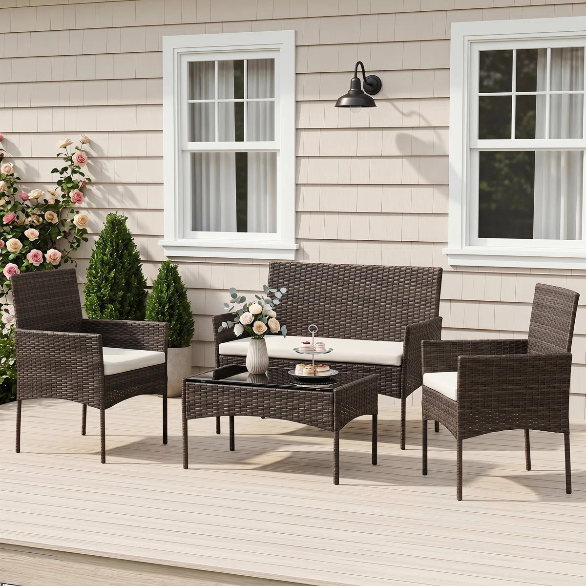 Wicker 4-Piece Patio Conversation Set with Cushions, Outdoor Rattan Patio Furniture Set 4 Person,... | Wayfair North America