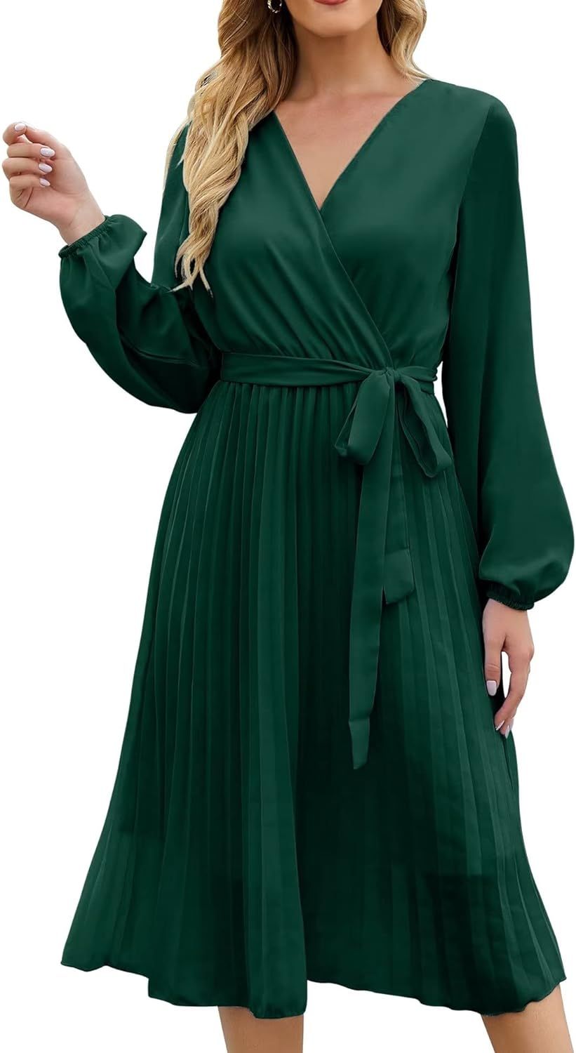 BBX Lephsnt Womens Wrap V Neck Dresses for Wedding Guest Casual Pleated Long Sleeve Mini Dress | Amazon (US)