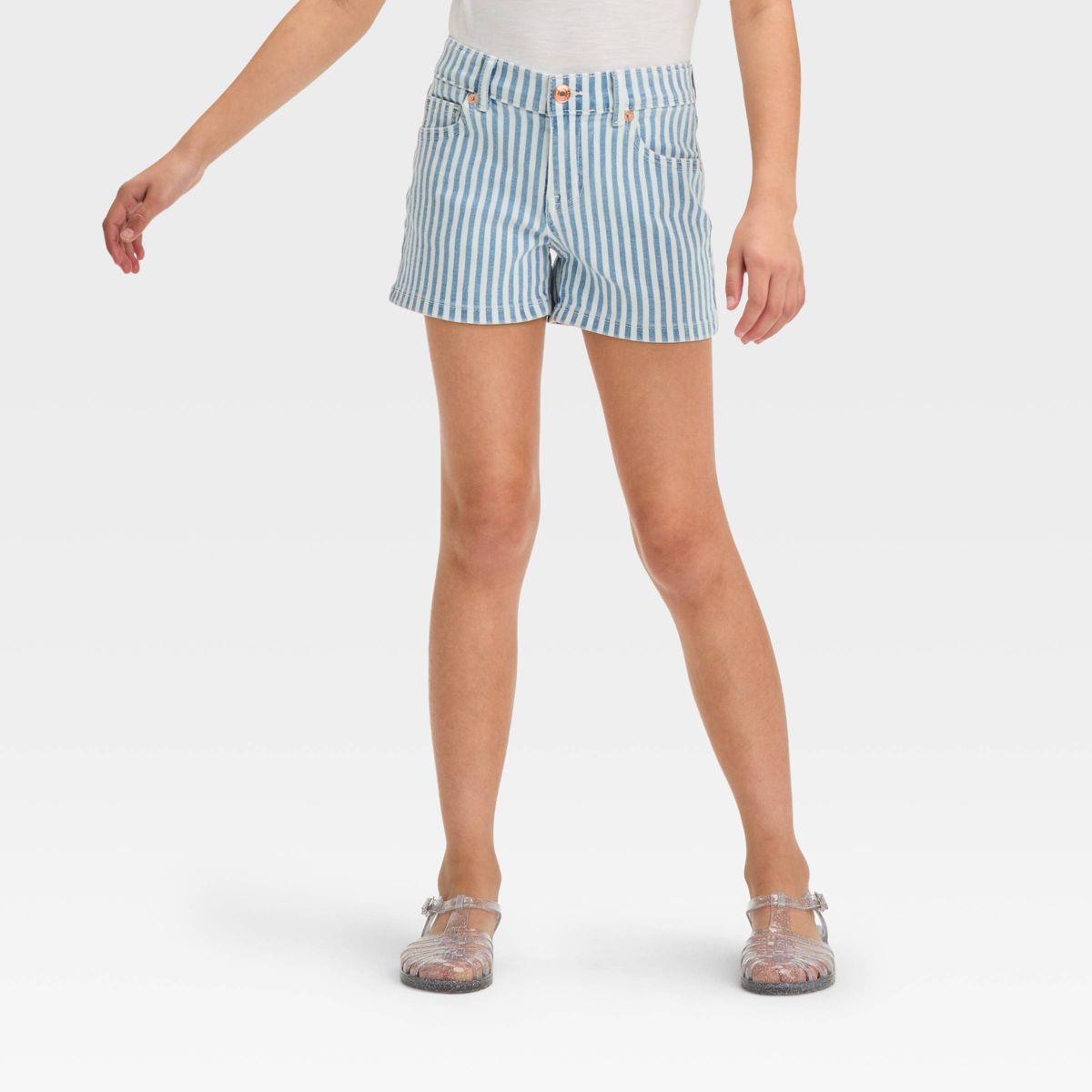 Girls' Mid-Rise Wide Striped Jean Shorts - Cat & Jack™ Blue/White S | Target