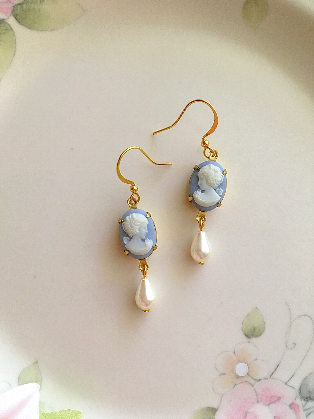 Blue Cameo Earrings, Cameo Pearl Earrings, French Style Pearl Drop Earrings, Vintage Style Cameo ... | Etsy (US)
