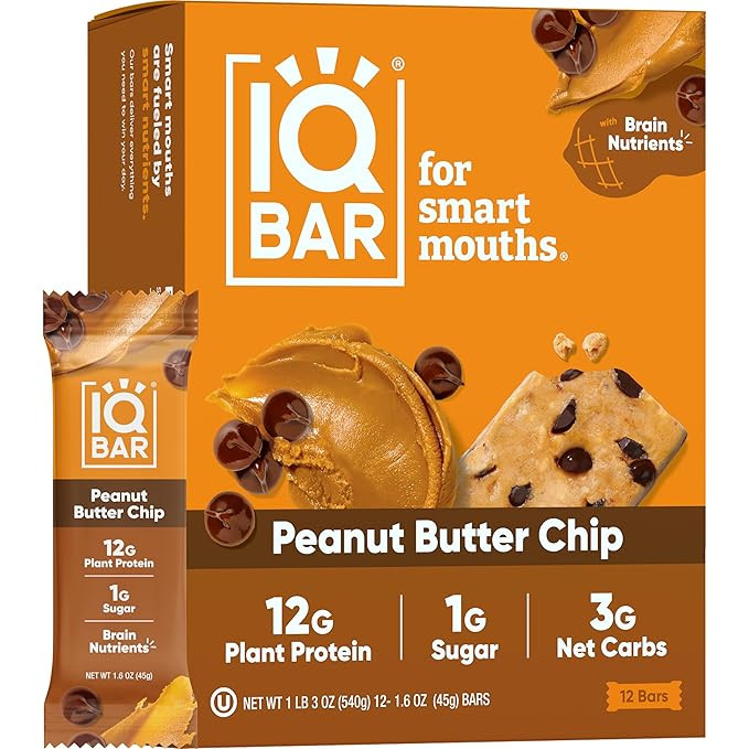 IQBAR Brain and Body Plant Protein Bars - Peanut Butter Chip - 12 Count, Low Carb, High Fiber, Gl... | Amazon (US)