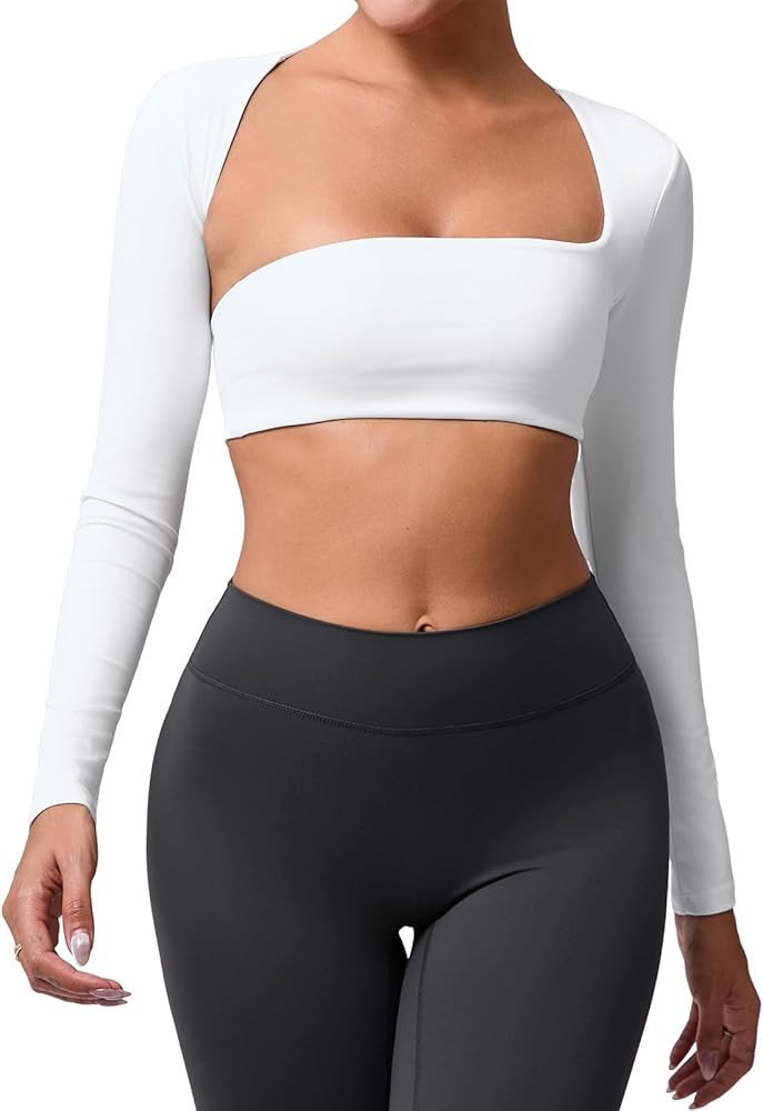 ABOCIW Womens Square Neck Long Sleeve Workout Crop Tops with Built in Bra Slim Fit Cutout Back Gy... | Amazon (US)