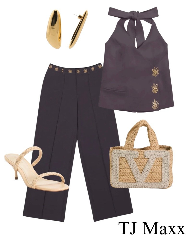 The wolf gang set on sale at TJ Maxx. Brown halter, pants, woven tote, summer outfit, gold earrings, heels, date night, designer deals.

#LTKootd #LTKSaleAlert