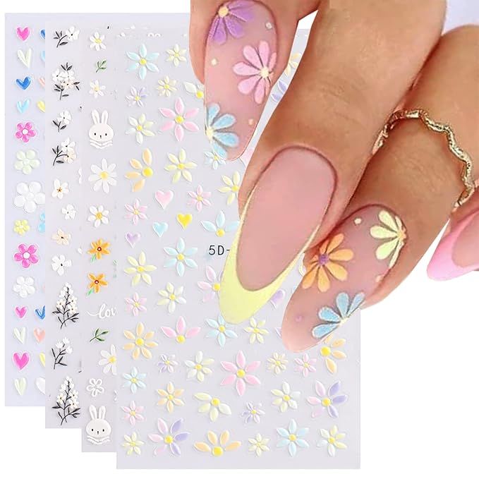 YOSOMK Flower Nail Art Stickers 5D Embossed Nail Decals Spring Daisy Nail Art Design Self Adhesiv... | Amazon (US)