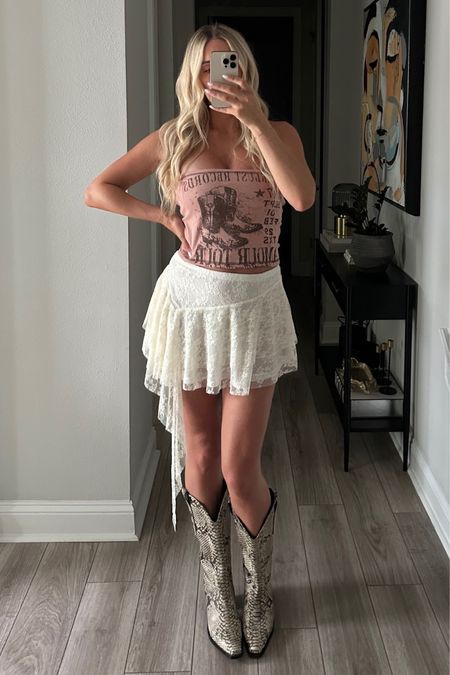 Revolve festival concert outfit ideas 🤎 country concert, lace mini skirt, cowboy boots 

#LTKshoecrush #LTKFestival #LTKstyletip