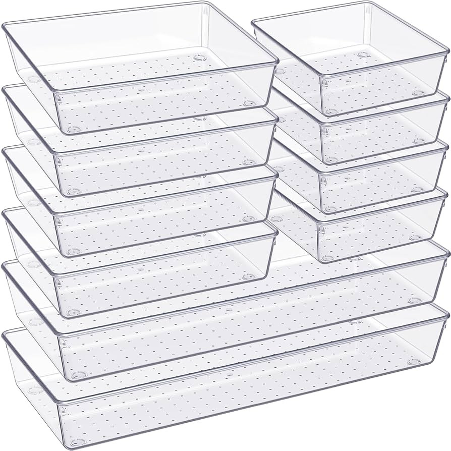 Criusia Drawer Organizer, 10 Pack Large Clear Plast Set, 3 Size Versatile Bathroom and Vanity Org... | Amazon (US)