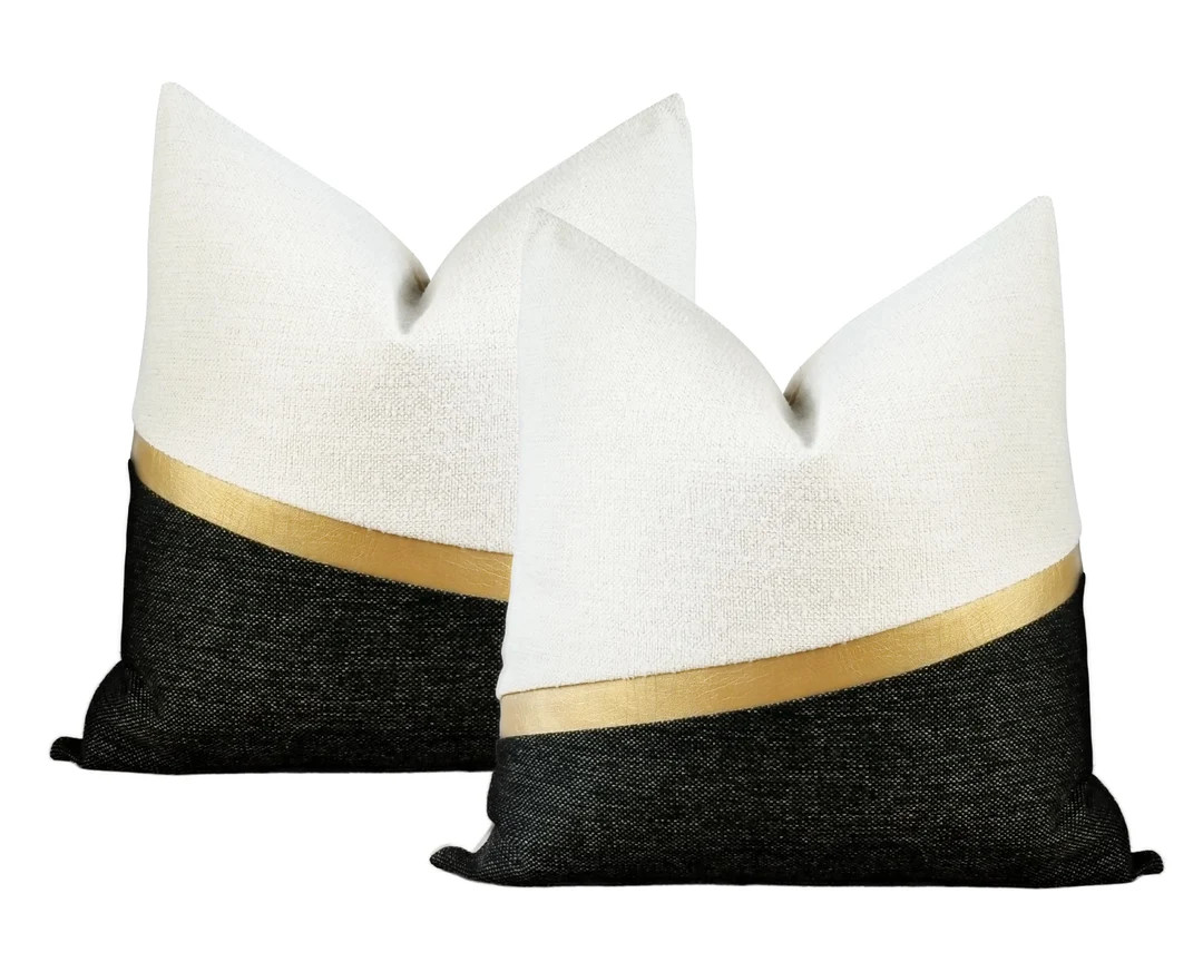 SET of 2 | Textured White and Black Throw Pillow with Muted Gold Faux Leather Accent ||| Lumbar S... | Etsy (Global)