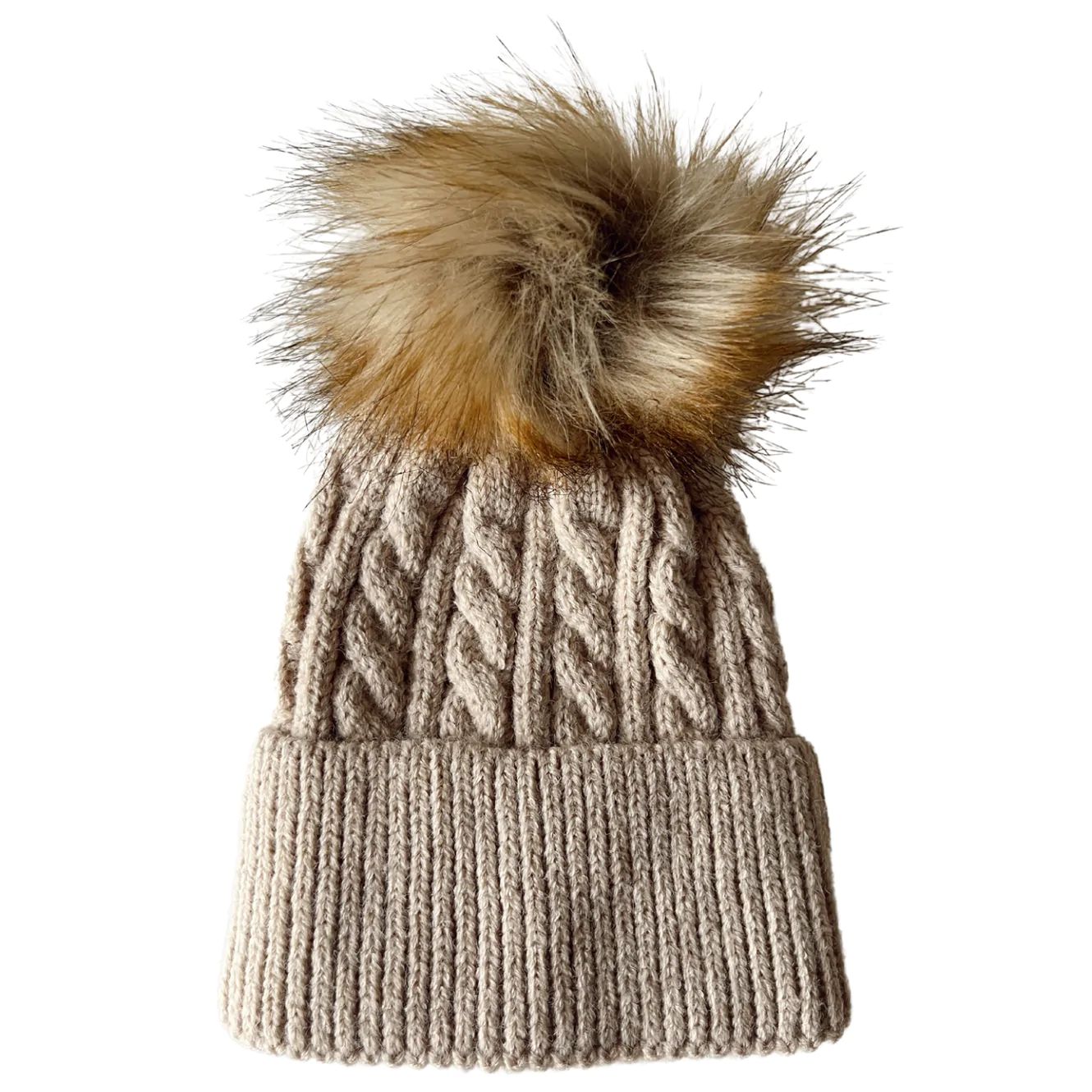 Cable Knit Fur Pom Hat, Oak | SpearmintLOVE