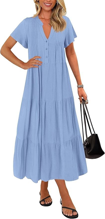 KIRUNDO Summer Maxi Dresses for Women 2026 Spring Fashion Short Sleeve Button V Neck Pleated Loos... | Amazon (US)