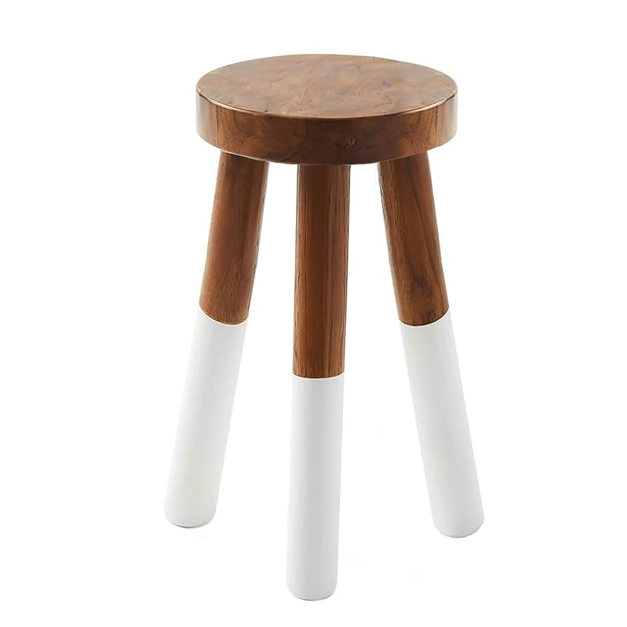 Teak 11.8" Round Dip Dyed Teak Stool | Wood Accent Side Table | Wood Plant Stand (24" Tall White) | Amazon (US)