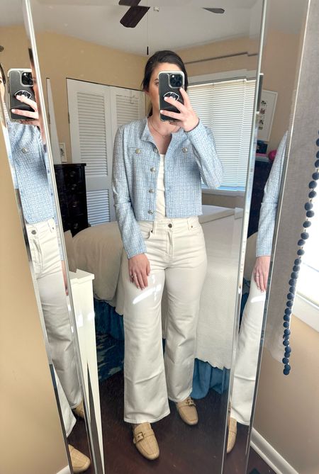 My recent H&M order just arrived and I thought it could be fun to try it on with y’all!

This outfit is a pass for me. I sized up to a 6 in the jeans and find them tight along the hips and very loose at the waist. Overall they aren’t a cut that’s flattering on me, so they will definitely be returned. The shell top feels like a bathing suit material and I don’t love that you can see the half lining beneath it. I took it and the light blue tweed lady jacket in a small. The jacket/sweater is cute but a little shorter than I prefer! 

H & M finds, spring fashion, summer fashion, affordable clothing, Easter dress, baby shower dress, church dress, summer style, blue and white dress, pink dress, casual dress, white jeans, floral tablecloth, leather and canvas crossbody bag, blue tweed lady jacket, trapeze style dress, white eyelet blouse, eyelet cover up

#LTKfindsunder100 #LTKfindsunder50