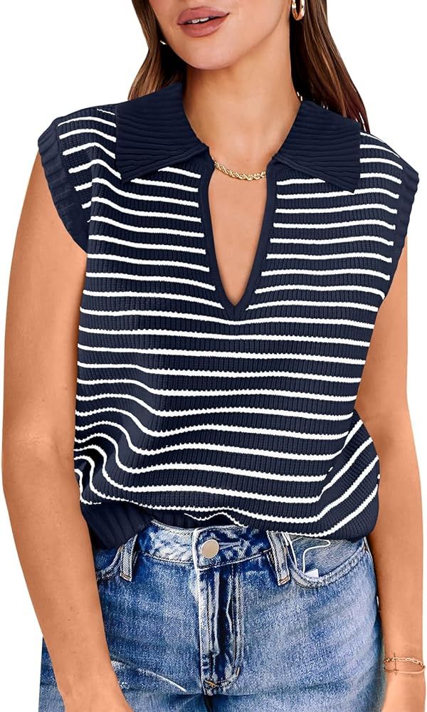 ANRABESS Women Summer Sweater Vest Striped Sleeveless Knit Polo Tank Crop Tops 2024 Trendy Spring... | Amazon (US)