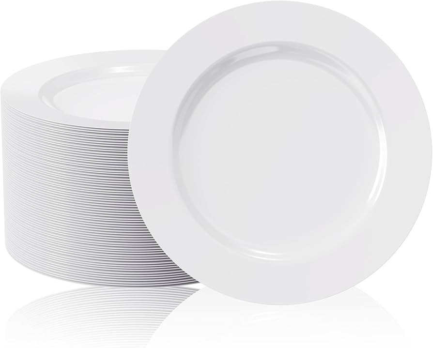 FOCUSLINE 100 Count White Plastic Plates 10 Inch, Disposable Heavy Duty Plastic Dinner Plates- Pr... | Amazon (US)