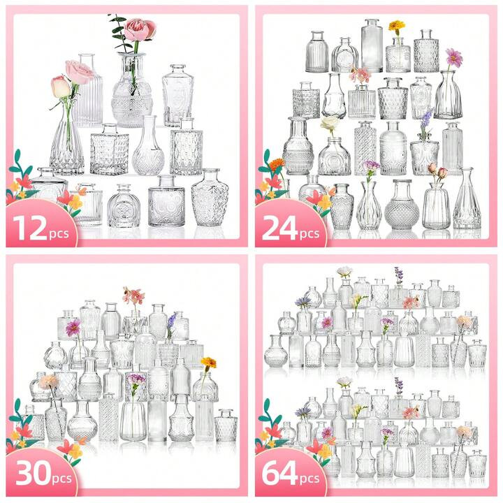 12/24/30/64pcs Bud Vases For Flowers, Small Vases For Centerpieces, Vintage Clear Glass Vases For... | SHEIN